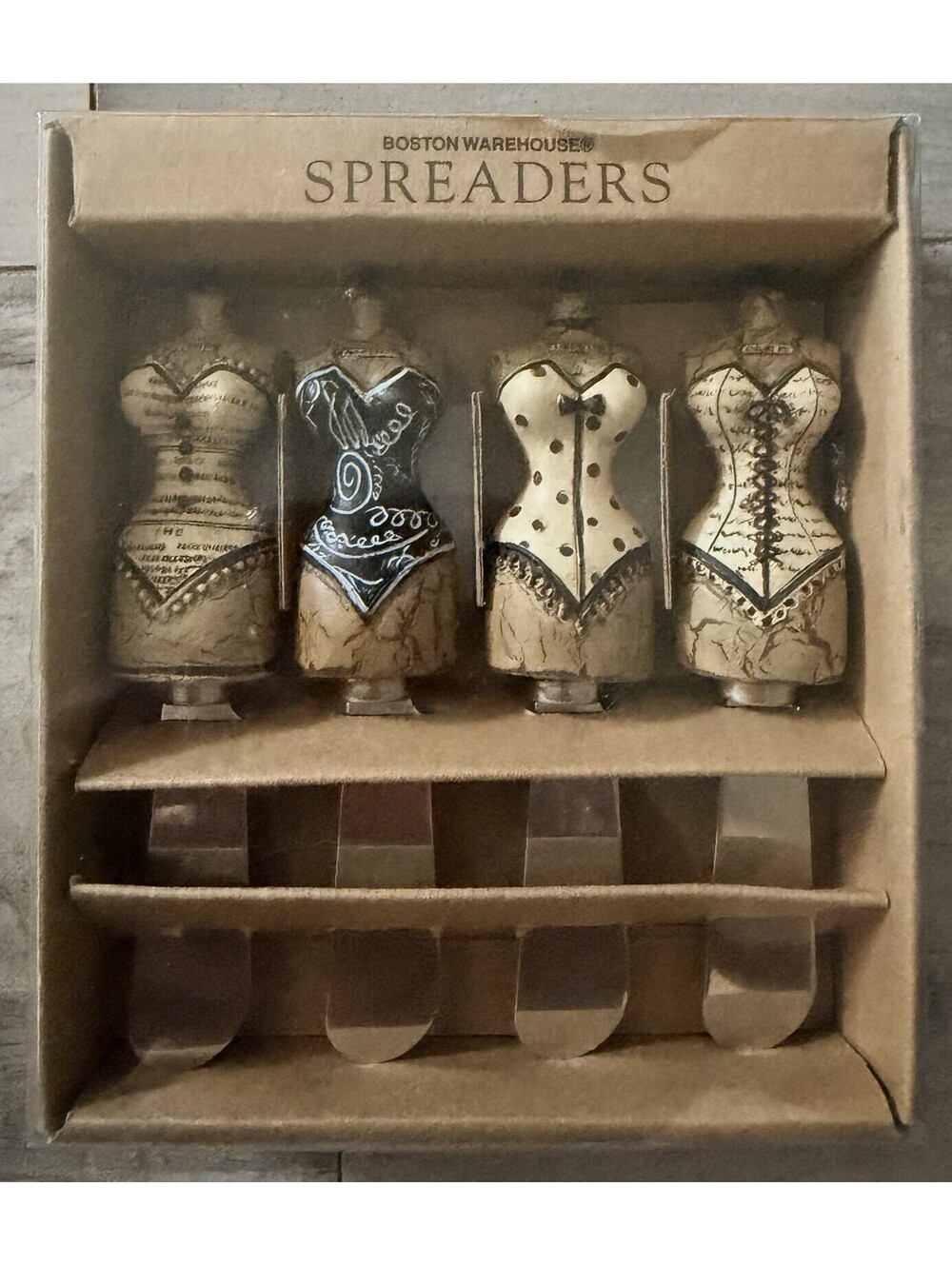 Boston Warehouse Spreaders Set of 4 Cheese Butter Knives NIB Corsets Female Bust